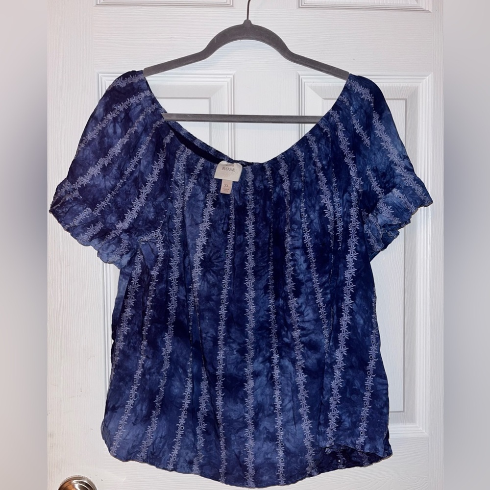 Knox Rose Navy Blue Ruffle Short Sleeve Blouse with Eyelet Pattern